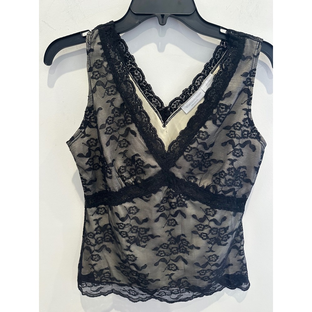 Worthington Black Floral Lace V-Neck Tank Top Cream Lining Medium whimsygoth